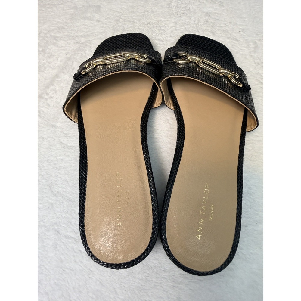Ann Taylor Block Heel Slip On Square Toe Gold  Hardware Low Heel Sandals Sz 6 - Picture 3 of 5